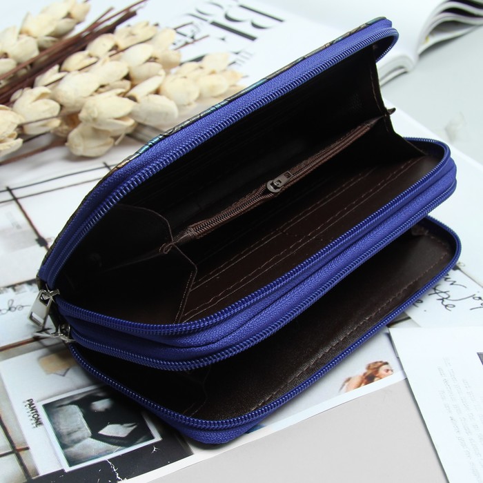 Кошелёк женский, 4 отдела на 2 молниях, для карт, для монет, с ручкой, цвет синий