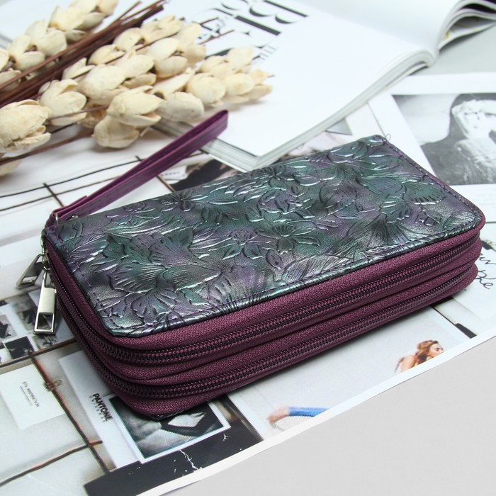 Кошелёк женский, 4 отдела на 2 молниях, для карт, для монет, с ручкой, цвет фиолетовый