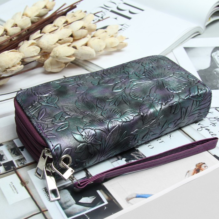 Кошелёк женский, 4 отдела на 2 молниях, для карт, для монет, с ручкой, цвет фиолетовый