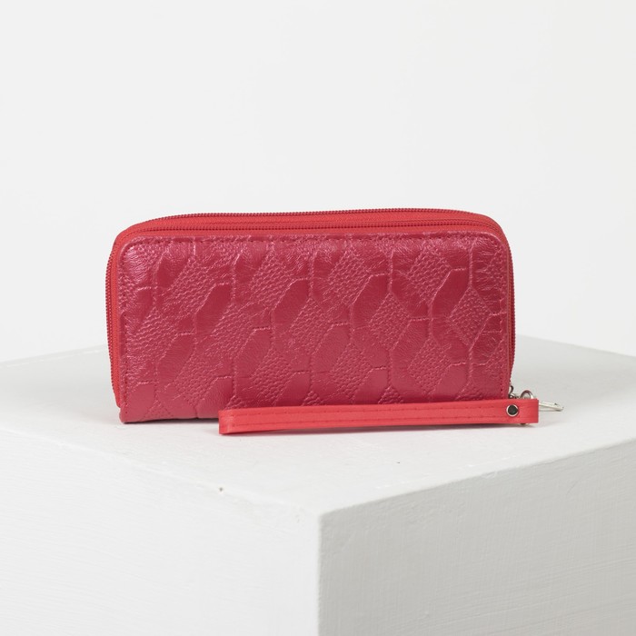 Кошелёк женский, 4 отдела на 2 молниях, для карт, для монет, с ручкой, цвет красный