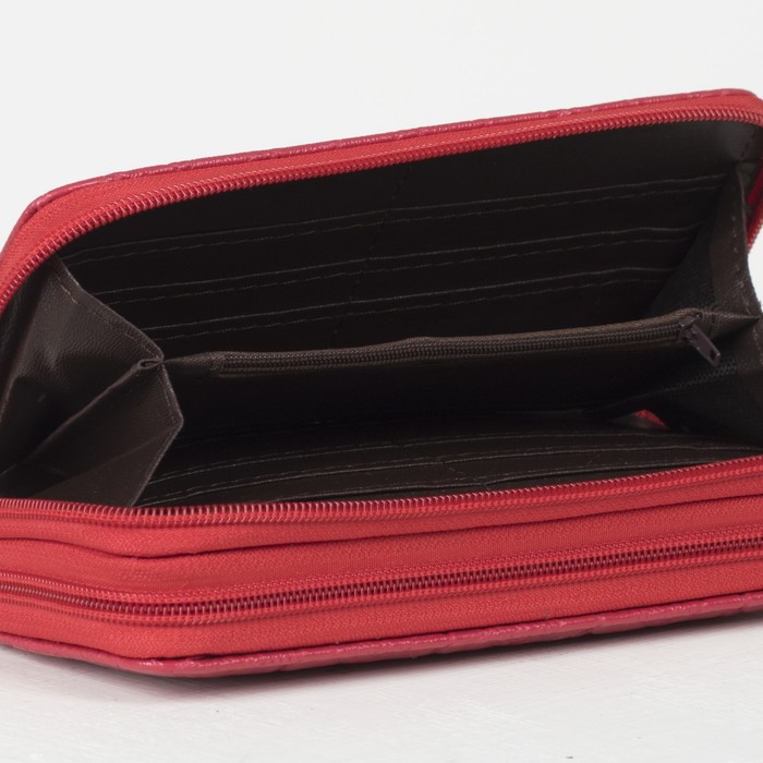 Кошелёк женский, 4 отдела на 2 молниях, для карт, для монет, с ручкой, цвет красный