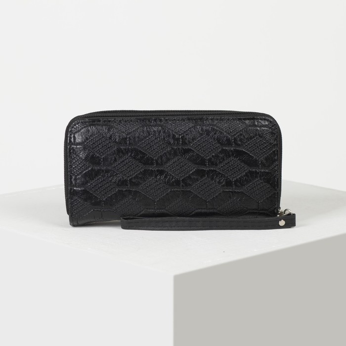 Кошелёк женский, 4 отдела на 2 молниях, для карт, для монет, с ручкой, цвет чёрный