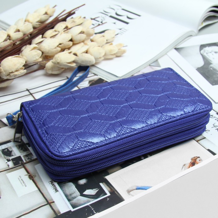 Кошелёк женский, 4 отдела на 2 молниях, для карт, для монет, с ручкой, цвет синий