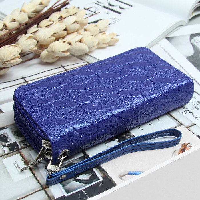 Кошелёк женский, 4 отдела на 2 молниях, для карт, для монет, с ручкой, цвет синий