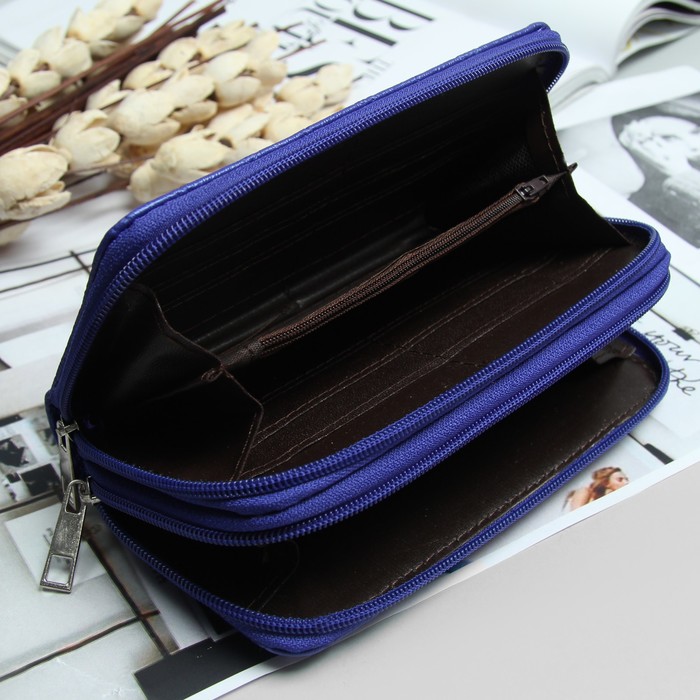 Кошелёк женский, 4 отдела на 2 молниях, для карт, для монет, с ручкой, цвет синий