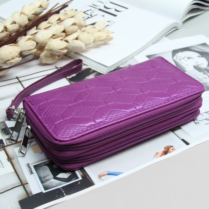 Кошелёк женский, 4 отдела на 2 молниях, для карт, для монет, с ручкой, цвет сиреневый