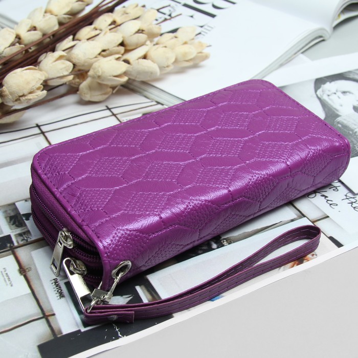 Кошелёк женский, 4 отдела на 2 молниях, для карт, для монет, с ручкой, цвет сиреневый