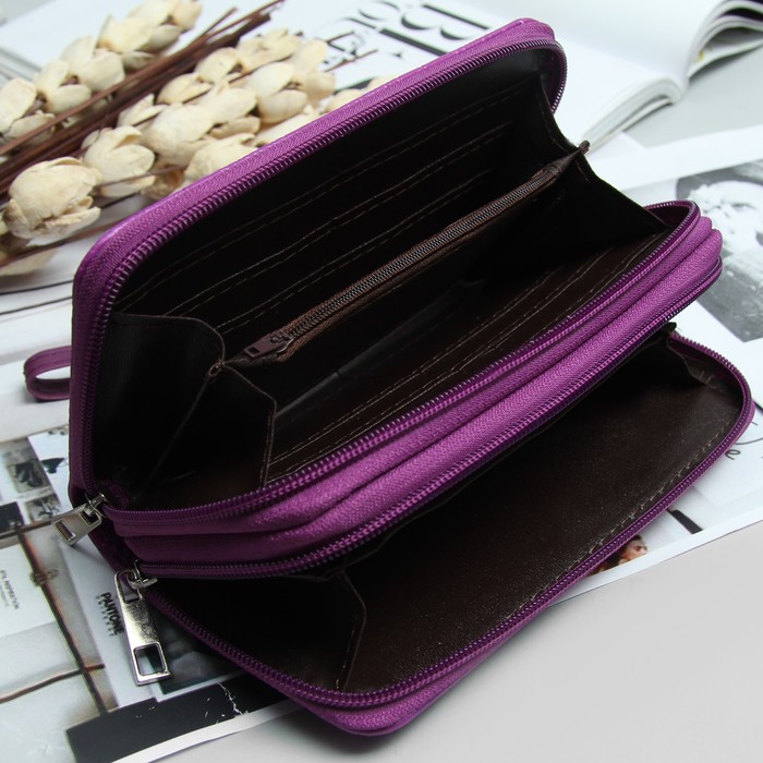 Кошелёк женский, 4 отдела на 2 молниях, для карт, для монет, с ручкой, цвет сиреневый