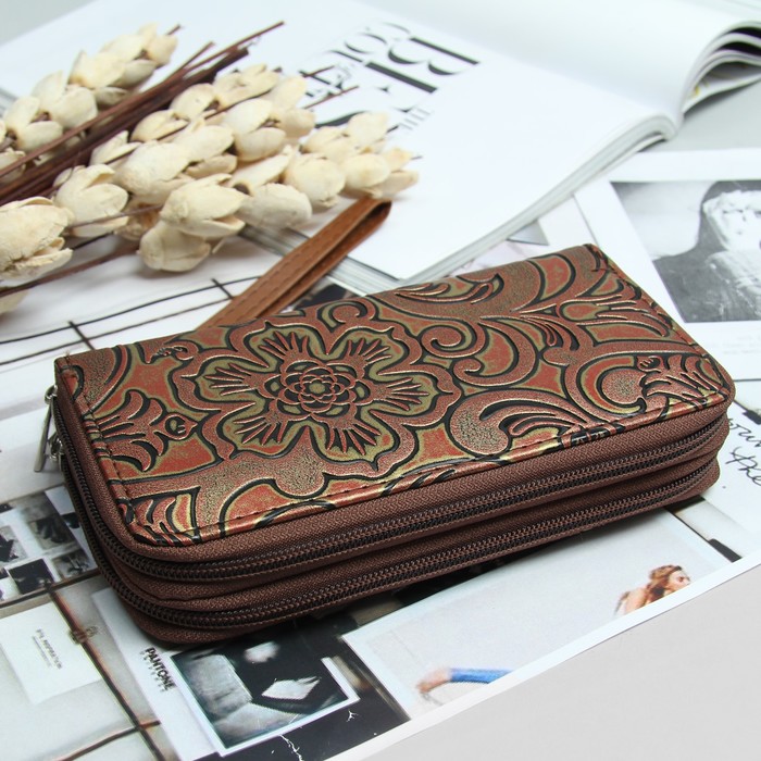 Кошелёк женский, 4 отдела на 2 молниях, для карт, для монет, с ручкой, цвет коричневый