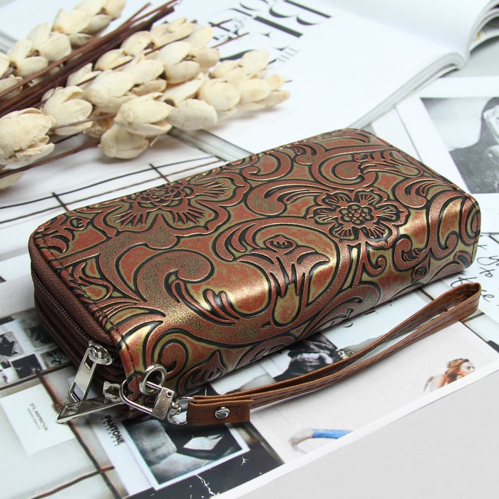 Кошелёк женский, 4 отдела на 2 молниях, для карт, для монет, с ручкой, цвет коричневый