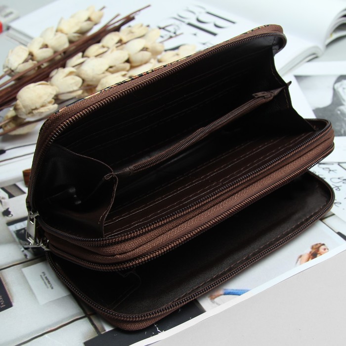 Кошелёк женский, 4 отдела на 2 молниях, для карт, для монет, с ручкой, цвет коричневый