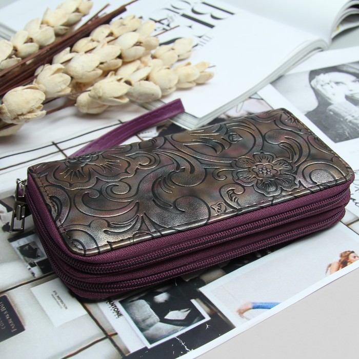 Кошелёк женский, 4 отдела на 2 молниях, для карт, для монет, с ручкой, цвет фиолетовый