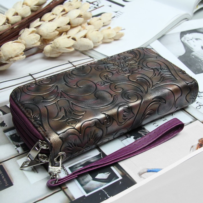 Кошелёк женский, 4 отдела на 2 молниях, для карт, для монет, с ручкой, цвет фиолетовый