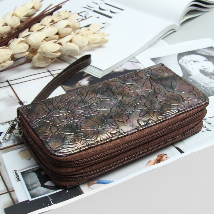 Кошелёк женский, 4 отдела на 2 молниях, для карт, для монет, с ручкой, цвет коричневый