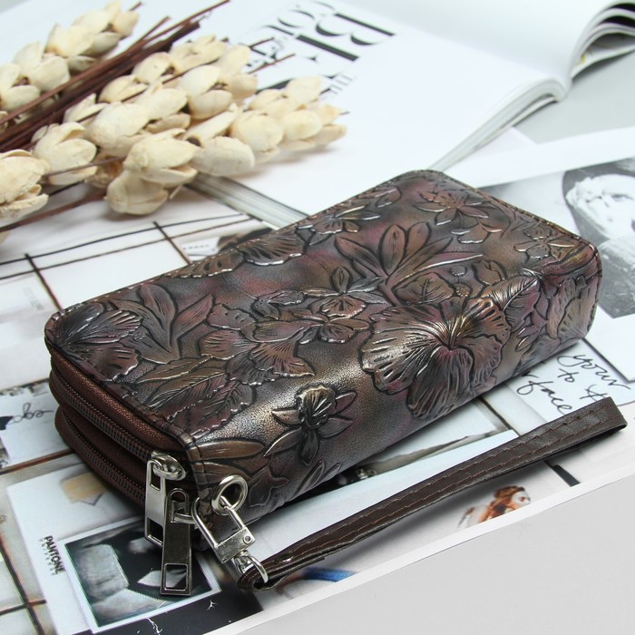 Кошелёк женский, 4 отдела на 2 молниях, для карт, для монет, с ручкой, цвет коричневый