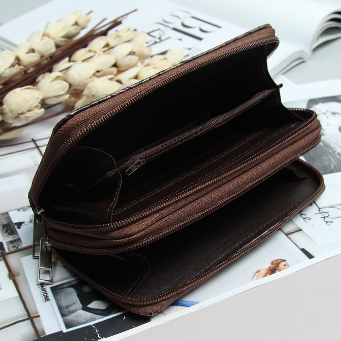 Кошелёк женский, 4 отдела на 2 молниях, для карт, для монет, с ручкой, цвет коричневый