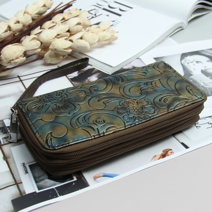 Кошелёк женский, 4 отдела на 2 молниях, для карт, для монет, с ручкой, цвет хаки