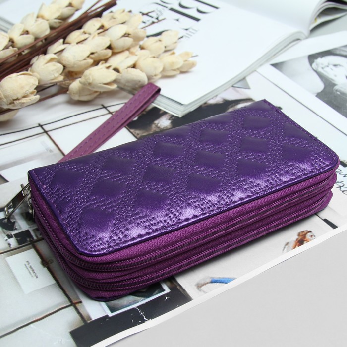 Кошелёк женский, 4 отдела на 2 молниях, для карт, для монет, с ручкой, цвет фиолетовый