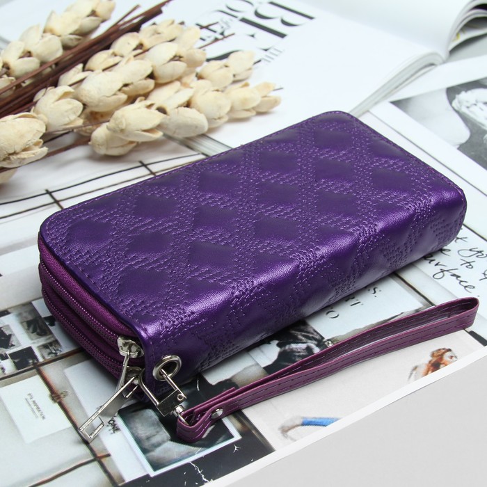 Кошелёк женский, 4 отдела на 2 молниях, для карт, для монет, с ручкой, цвет фиолетовый