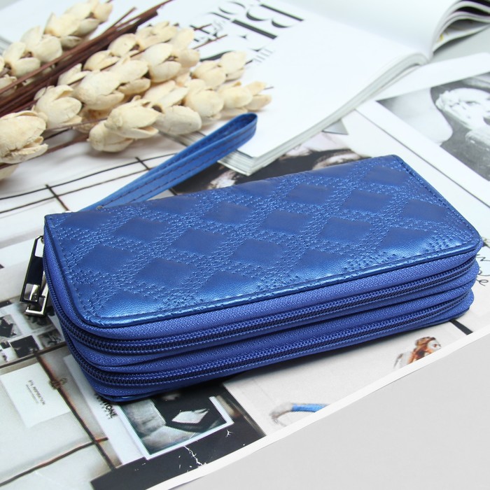 Кошелёк женский, 4 отдела на 2 молниях, для карт, для монет, с ручкой, цвет синий