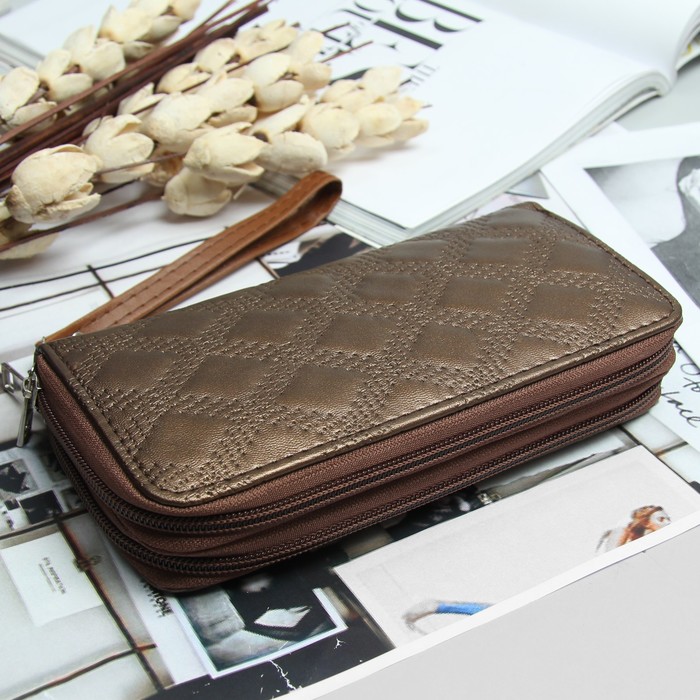 Кошелёк женский, 4 отдела на 2 молниях, для карт, для монет, с ручкой, цвет коричневый