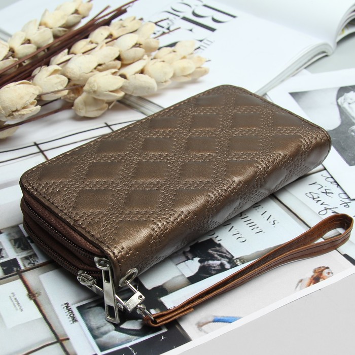 Кошелёк женский, 4 отдела на 2 молниях, для карт, для монет, с ручкой, цвет коричневый