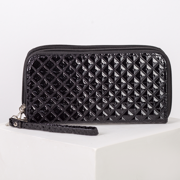 Кошелёк женский, 4 отдела на 2 молниях, для карт, для монет, с ручкой, цвет чёрный