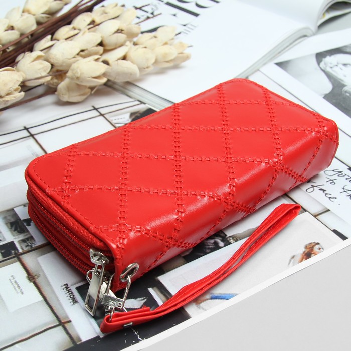 Кошелёк женский, 4 отдела на 2 молниях, для карт, для монет, с ручкой, цвет красный
