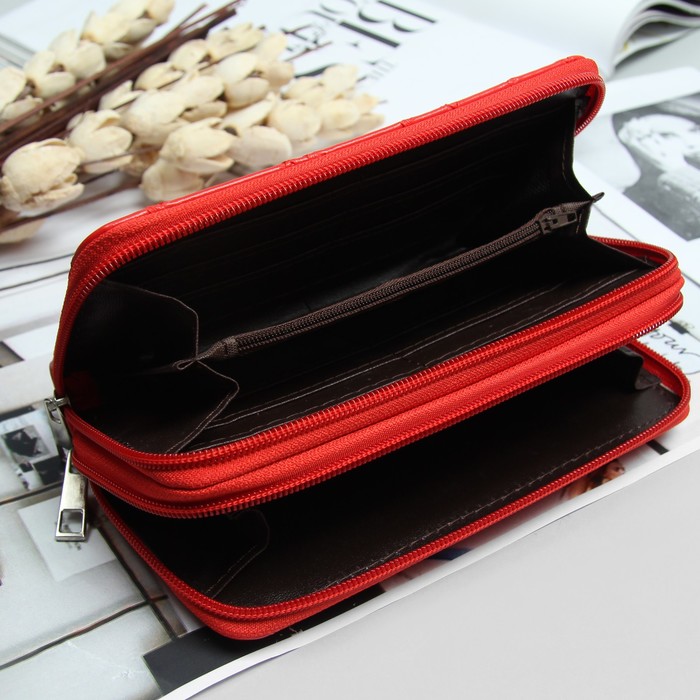 Кошелёк женский, 4 отдела на 2 молниях, для карт, для монет, с ручкой, цвет красный