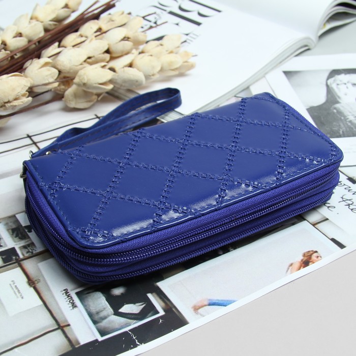 Кошелёк женский, 4 отдела на 2 молниях, для карт, для монет, с ручкой, цвет синий