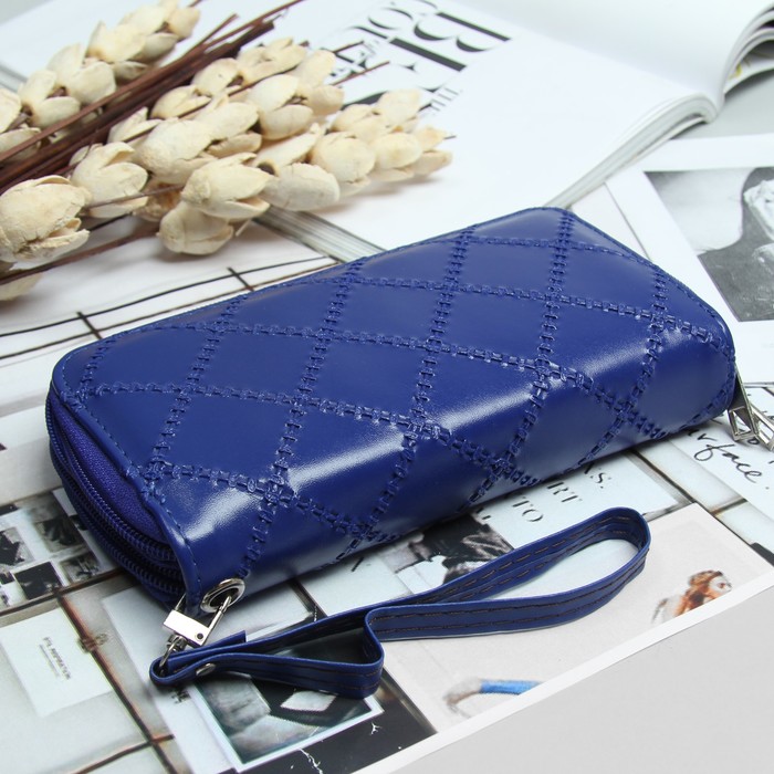 Кошелёк женский, 4 отдела на 2 молниях, для карт, для монет, с ручкой, цвет синий