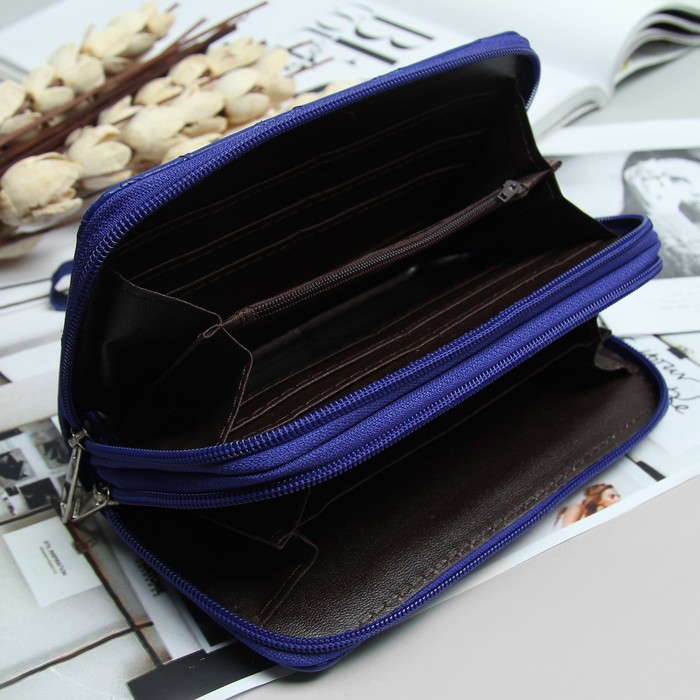 Кошелёк женский, 4 отдела на 2 молниях, для карт, для монет, с ручкой, цвет синий