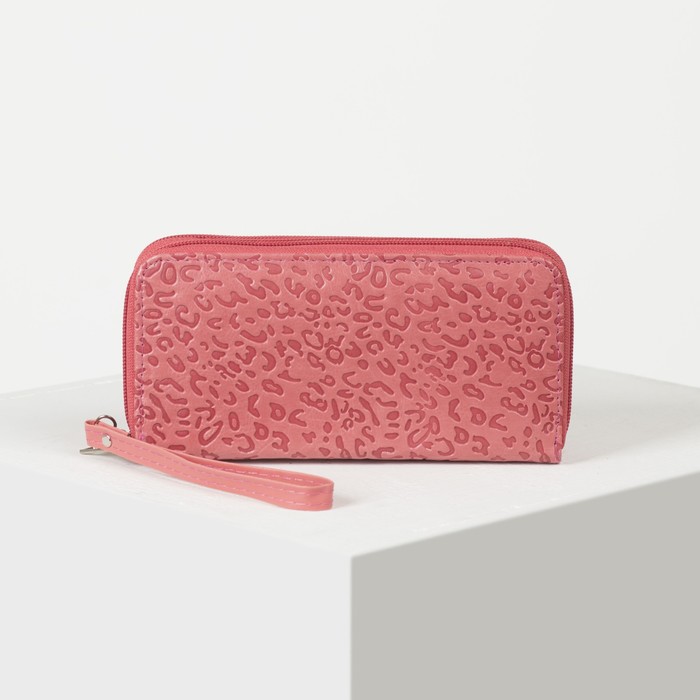 Кошелёк женский, 4 отдела на 2 молниях, для карт, для монет, с ручкой, цвет коралловый