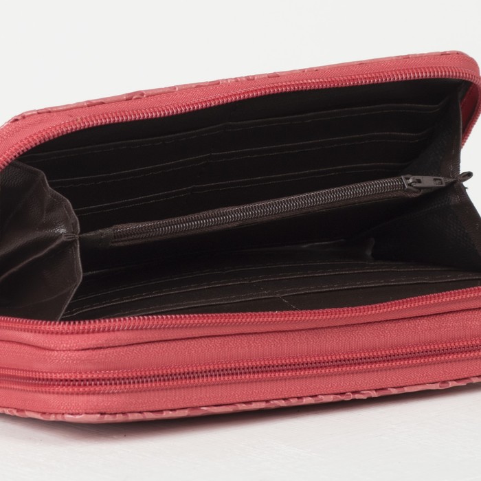 Кошелёк женский, 4 отдела на 2 молниях, для карт, для монет, с ручкой, цвет коралловый