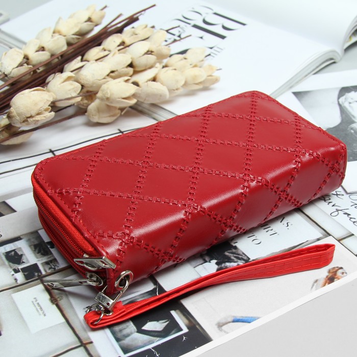 Кошелёк женский, 4 отдела на 2 молниях, для карт, для монет, с ручкой, цвет бордовый