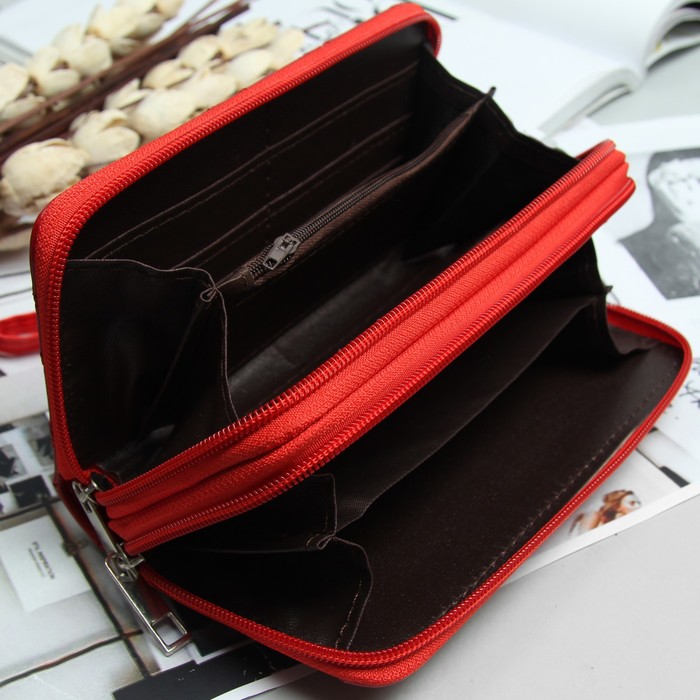 Кошелёк женский, 4 отдела на 2 молниях, для карт, для монет, с ручкой, цвет бордовый