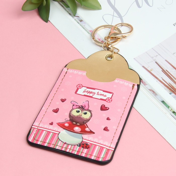 Футляр для карт «Совушки», 2 кармана, кольцо, карабин, цвет розовый