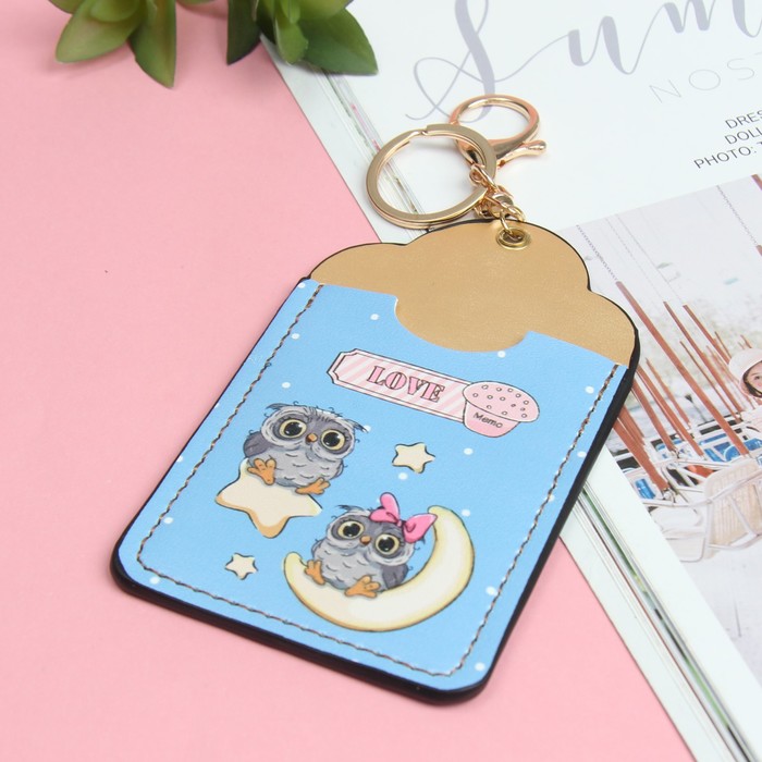 Футляр для карт «Совушки», 2 кармана, кольцо, карабин, цвет синий