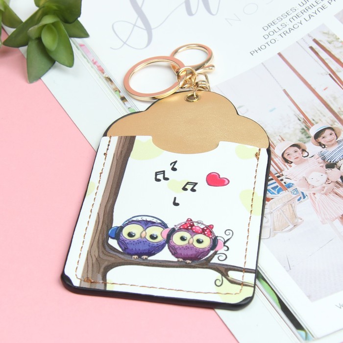 Футляр для карт «Совушки», 2 кармана, кольцо, карабин, цвет белый