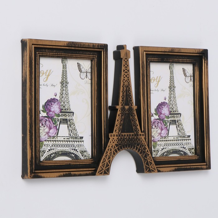 Фоторамка пластик на 2 фото 10х15 см "Эйфелева башня" тёмное золото 18,5х33 см