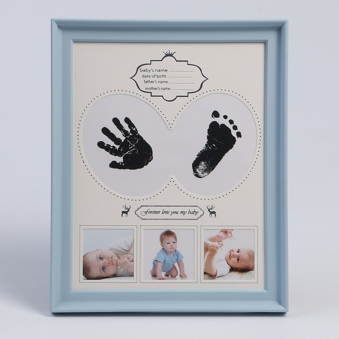 Фоторамка пластик на 3 фото 5х5 см с штемп.подушкой "Малыш" голубая 27х22 см