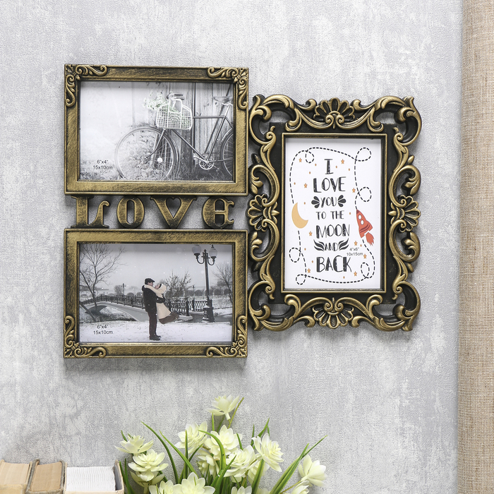 Фоторамка пластик на 3 фото 10х15 см "Любовь моя" тёмное золото 26,5х32,5 см