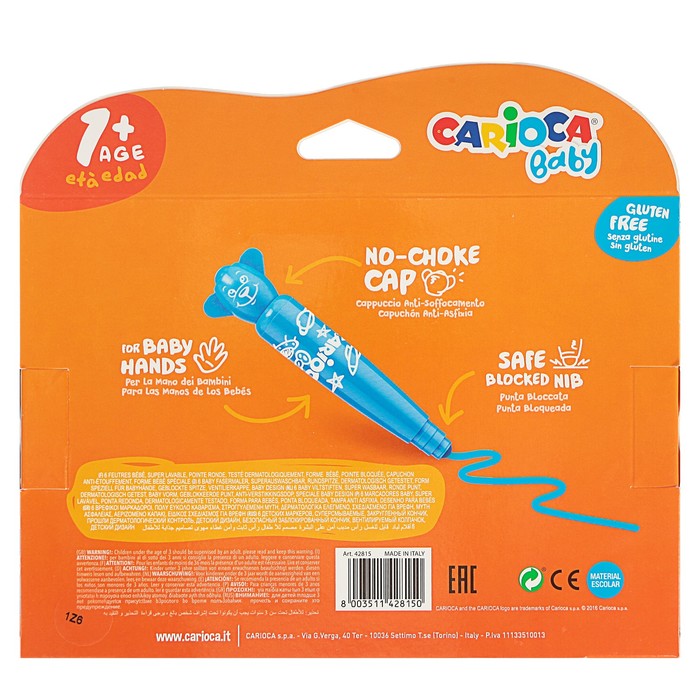 Фломастеры 6цв Carioca Baby 6.0мм суперсмываемые от 1 года, к/к 42815