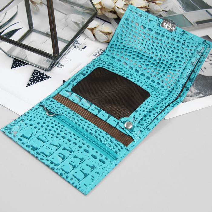 Кошелёк женский, 2 отдела, для карт, крокодил бирюзовый