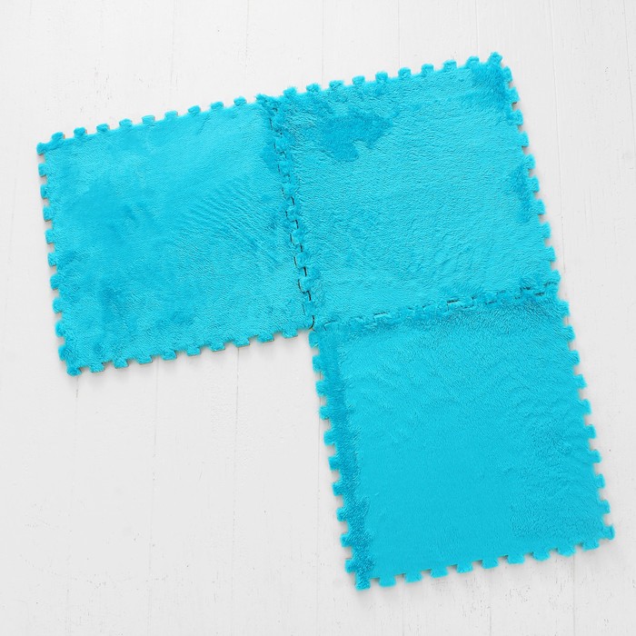 Коврик-пазл с искуственным мехом , голубой , 9 шт в наборе