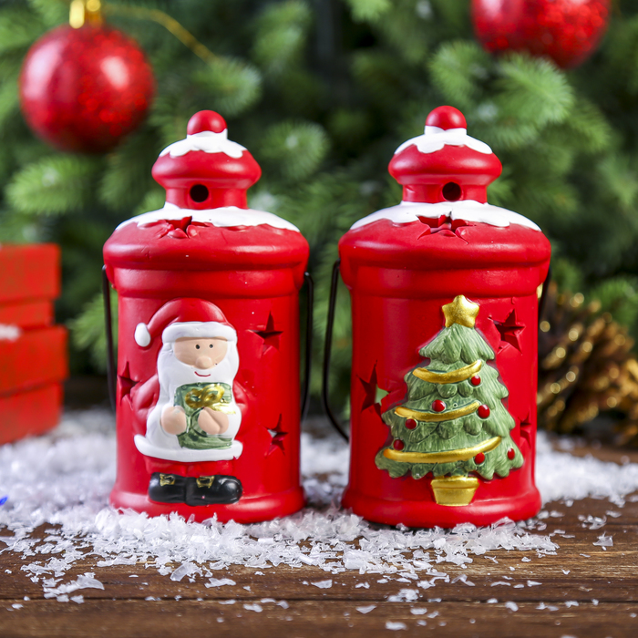 Подсвечник керамика "Фонарик с ёлочкой/Дед Мороз" 12,7х7х7 см