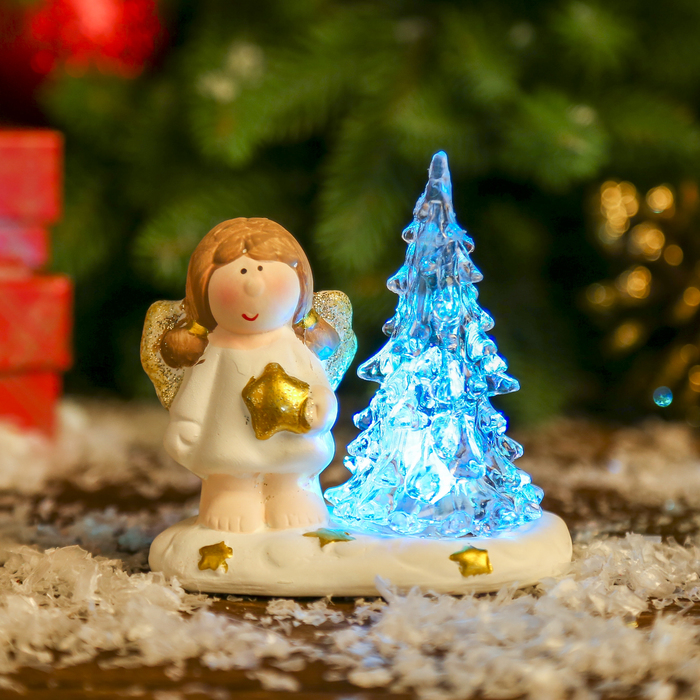 Сувенир керамика световой "Ангелочек со звёздочкой у ёлки" 8,5х8,5х5 см