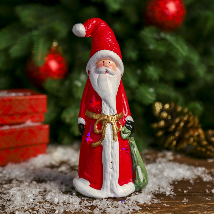 Сувенир керамика световой "Дед Мороз в красном кафтане с мешком подарков" 17,5х7,8х7 см