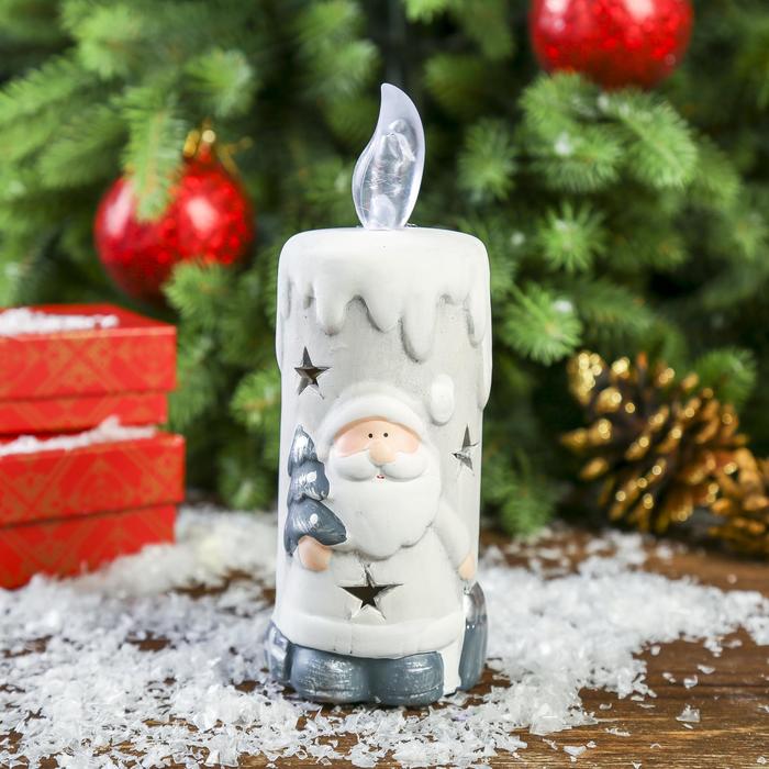 Сувенир керамика световой "Свеча Дед Мороз с ёлкой" серебро 16х6х6 см