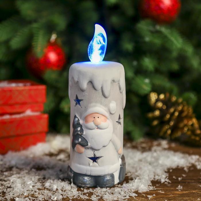 Сувенир керамика световой "Свеча Дед Мороз с ёлкой" серебро 16х6х6 см